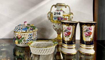 A pair of small Spode porcelain vases, H. 9.5cm. Together with a Dresden porcelain urn, a Dresden