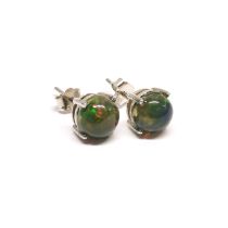 A pair of 925 silver cabochon cut black opal earrings.