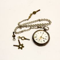 A silver pocket watch and chain.