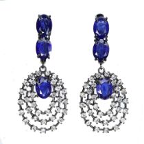 A pair of 925 silver drop earrings set with oval cut sapphires and white stones, L. 3.8cm.