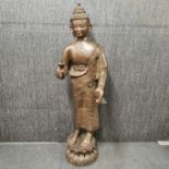 A large bronze standing figure of the Buddha on a lotus base with brass inset decoration, H. 137cm.