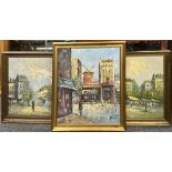 Three 1970s framed oils on canvas of Paris, largest frame size 59 x 70cm.