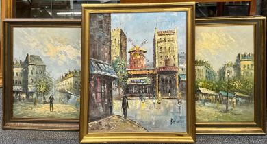 Three 1970s framed oils on canvas of Paris, largest frame size 59 x 70cm.