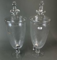 A pair of large cut glass spirit jars and lids with chromium plated taps, H. 64cm.