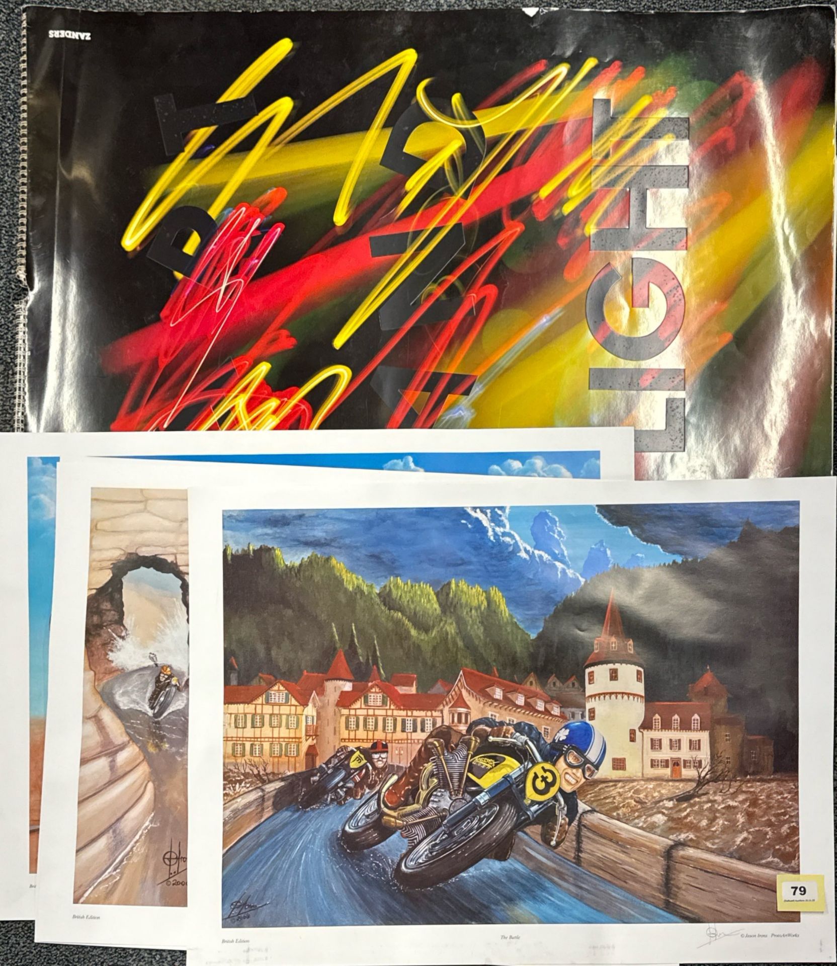 Four pencil signed British edition motorcycle lithographs by Jason Irons, 70 x 50cm. together with a