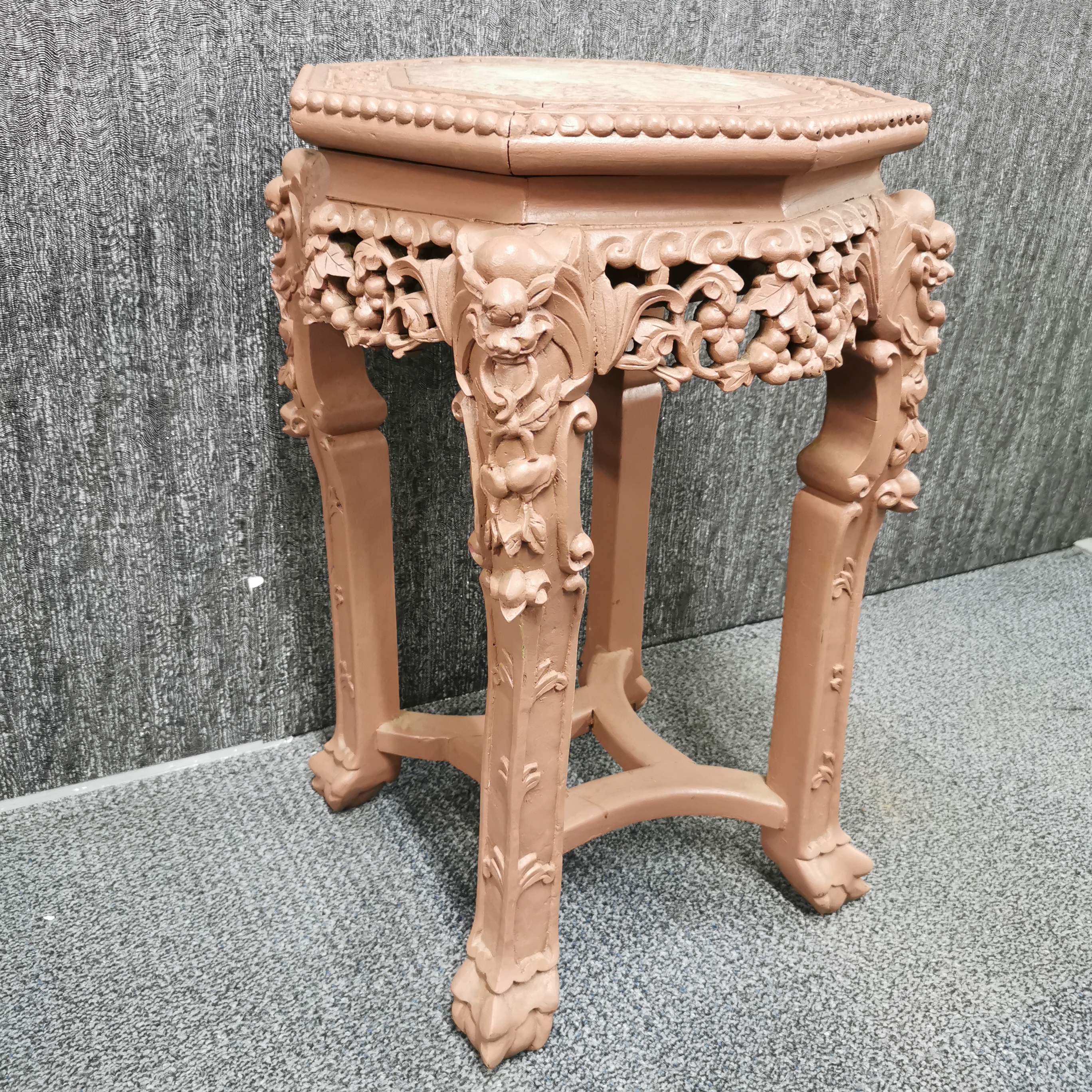 A Chinese carved hardwood octagonal plant stand with marble top and painted finish, H. 60cm W. - Image 3 of 3
