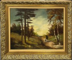 A large signed gilt framed oil on canvas of a game keeper with his dog, frame size 116 x 96cm.