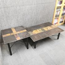 A heavy slate coffee table on metal base, 125 x 85 x 40cm, together with a matching slate side