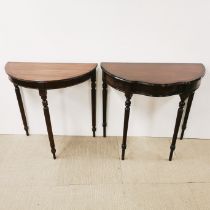 Two inlaid mahogany console tables one with single drawer, largest 83 x 76cm.