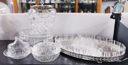 A cut crystal and silver plate hors devours set with further cut crystal items.