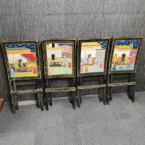 A set of four Persian folding chairs with hand painted temple scenes and gilt decoration, folded