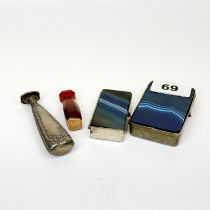 Two 19th C. blue banded agate and metal boxes together with an agate seal and a continental white