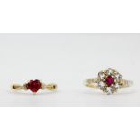 A 9ct yellow gold ring set with a red stone and diamond shoulders, (L.5), together with a 9ct gold