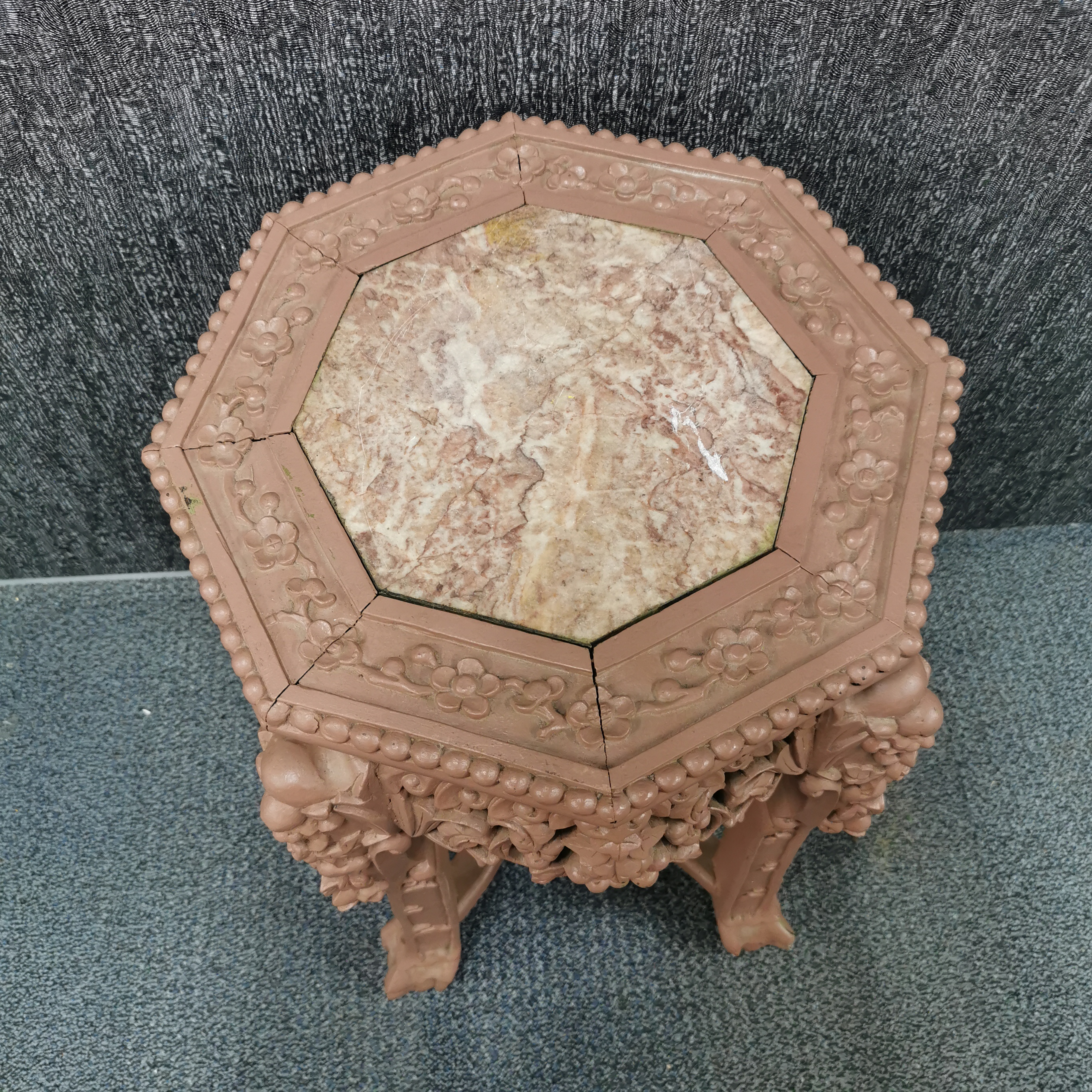 A Chinese carved hardwood octagonal plant stand with marble top and painted finish, H. 60cm W. - Image 2 of 3