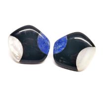 A pair of silver mother of pearl, black onyx and lapis lazuli set earrings with nylon backs, dia.