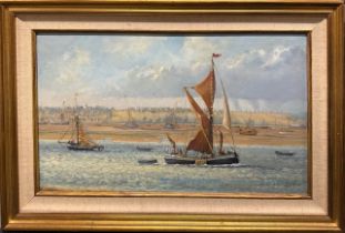 Colin Moore (Scottish b. 1949): A framed oil on canvas of Thames barge in the Raye at low tide