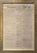A gilt framed double sided glass gold print edition of the Skegness Herald Friday June 30th 1882,