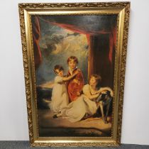 A large gilt framed oil finished print of three children with a dog, frame size 75 x 111cm.