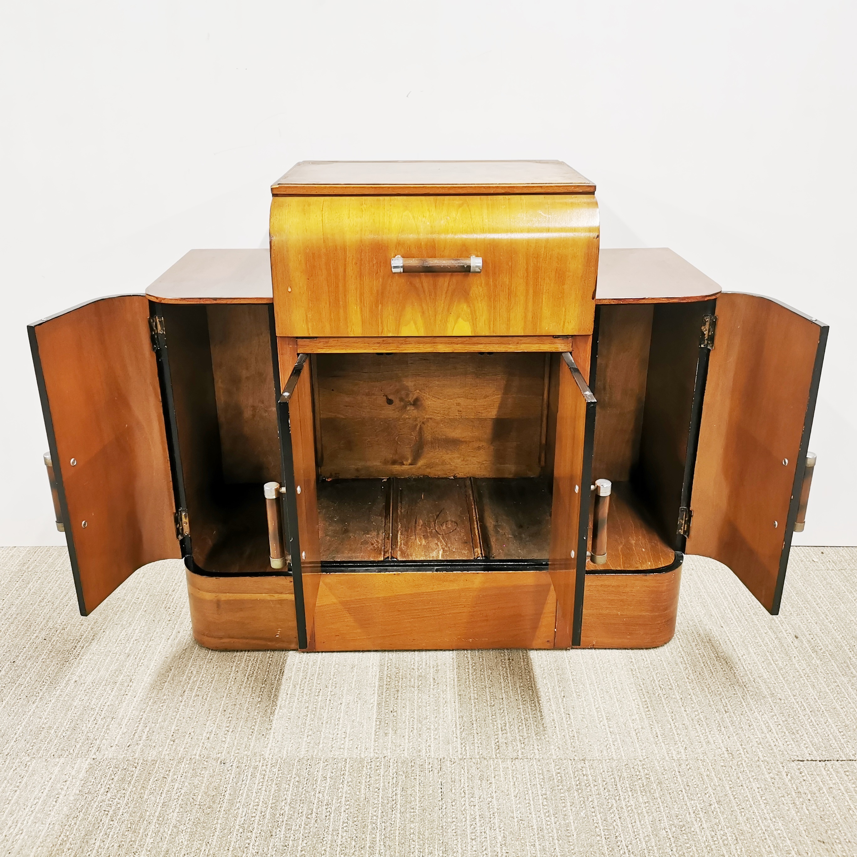 An Art Deco beechwood veneered cabinet with drop down front, 90 x 78 x 38cm. Together with an Art - Image 2 of 9
