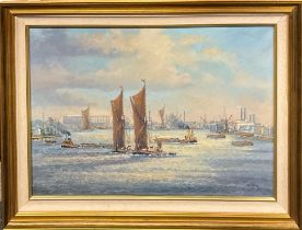 Colin Moore (British b. 1949): A large framed oil on canvas of a Thames River scene, frame size 91 x