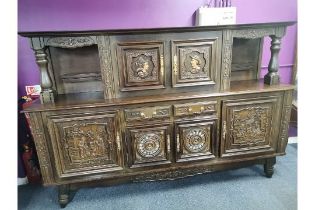 A heavy quality Belgian carved and turned oak court cupboard, 250 x 165 x 50cm.