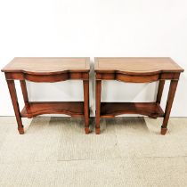 A pair of inlaid mahogany console tables with two tiers, H. 65cm W. 67cm.