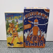 Two boxed tin plate robot toys, largest box 27cm.