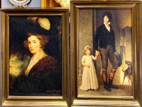 Two large gilt framed textured prints of historic paintings, largest frame size 64 x 90cm.