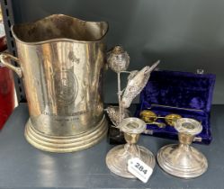 A pair of hallmarked silver candlesticks with a silver plated ice bucket, silver plated bird stand