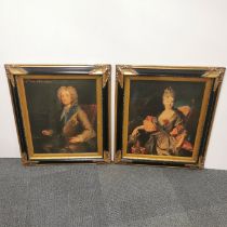 A pair of large gilt framed oil textured prints of historic paintings, frame size 70 x 80cm.