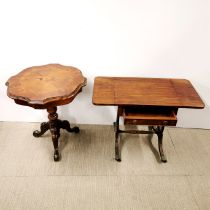 A mahogany single drawer drop leaf side table on castors together with an inlaid mahogany and burr