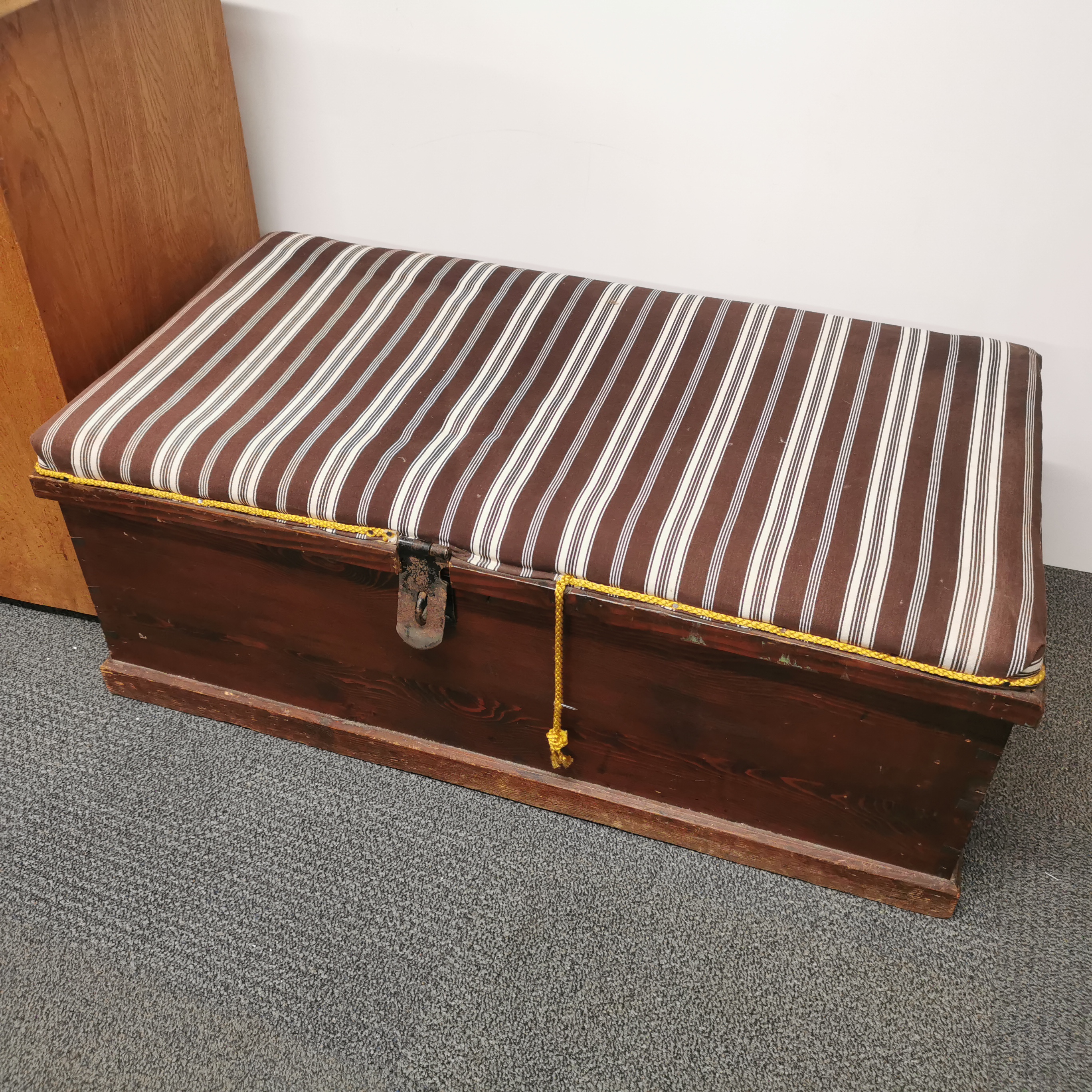 An upholstered blanket box/ trunk with cast iron handles, 100 x 55 x 45cm together with a pine - Image 3 of 3