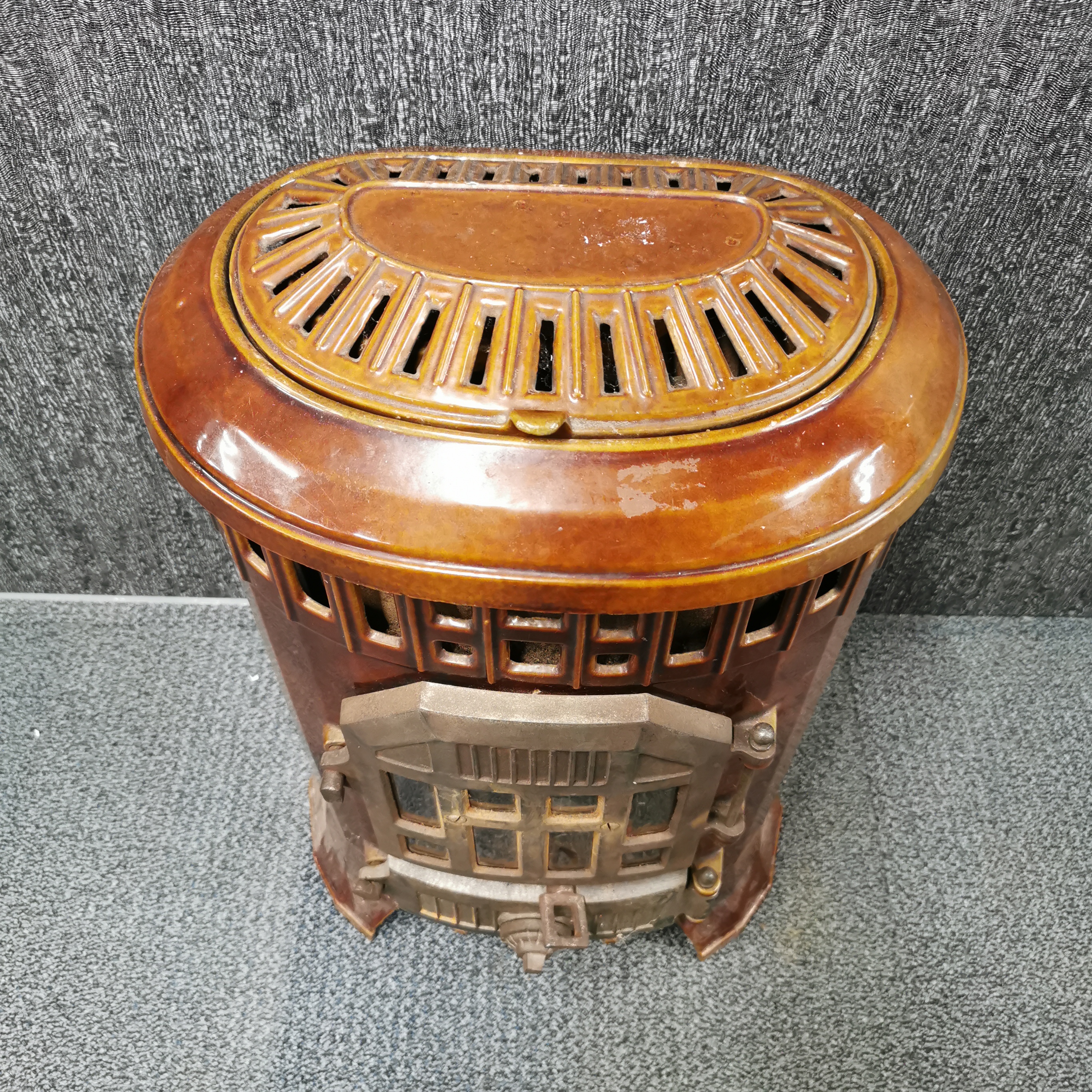 An antique French brown enamelled wood burning stove, 65 x 40 x 30cm. - Image 2 of 15