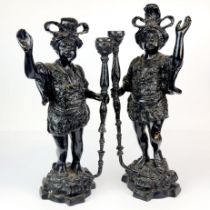 A pair of 19th C painted brass figures of torch bearers, H. 40cm.