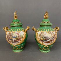 A fine pair of English early 19th C. hand-painted soft paste porcelain potpourri and cover, H.