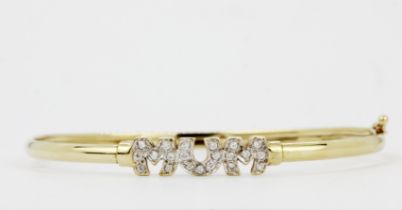 A 9ct yellow gold 'MUM' bangle set with white stones, internal dia. 6 x 5cm.