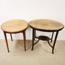 An inlaid mahogany circular side table together with a further two tier mahogany side table, largest