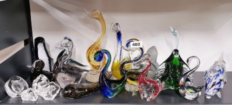 A collection of studio glass items, Murano and others. Tallest 23cm.
