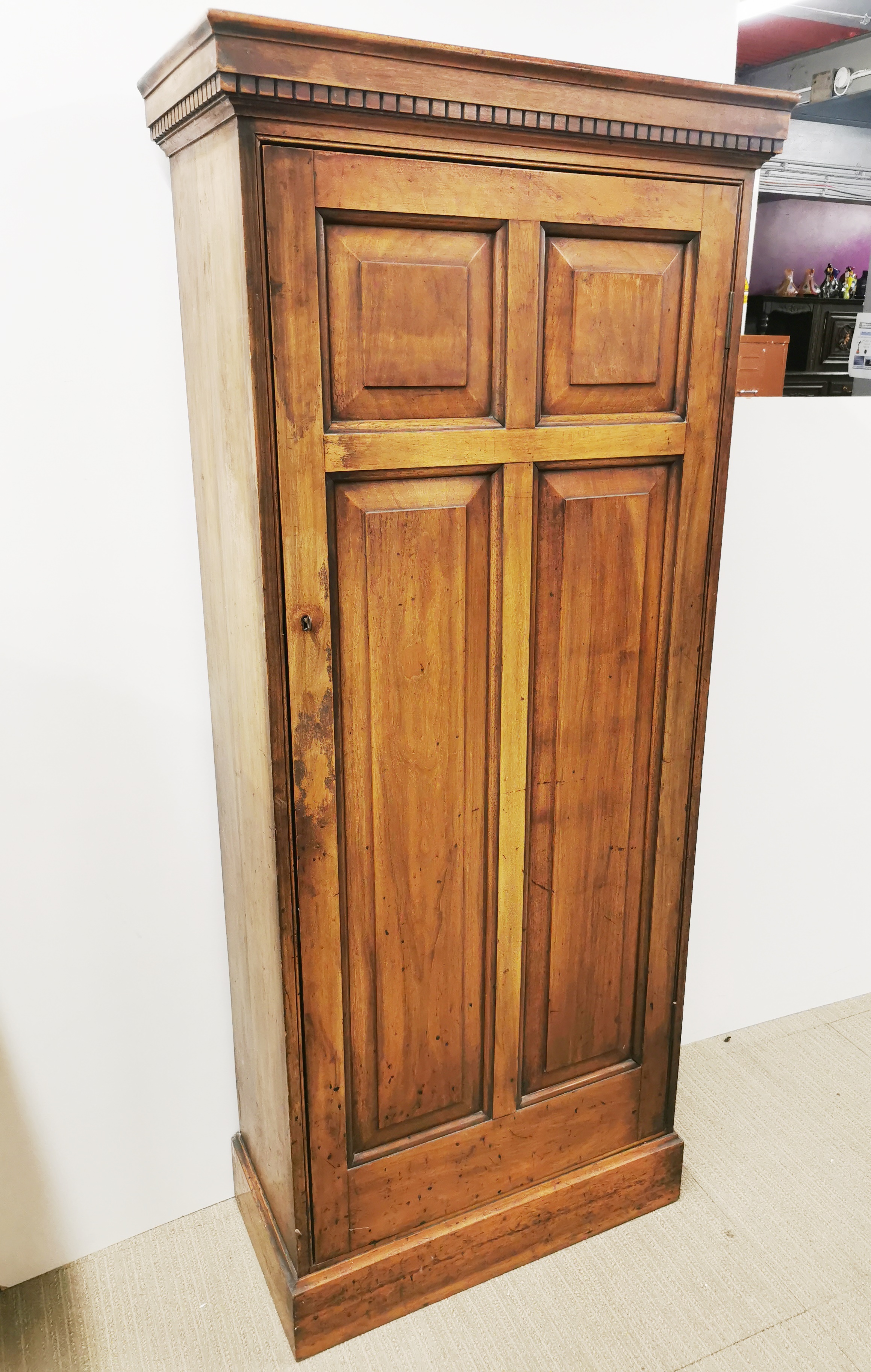 A five shelf walnut kitchen cupboard with carved geometrical border, 158 x 67 x 33cm. - Image 3 of 4