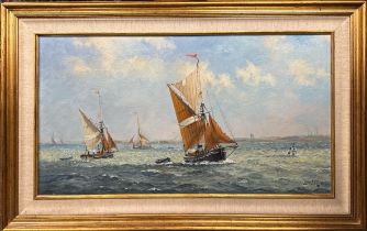 Colin Moore (British b. 1949): A framed oil on canvas of Thames barge with Leigh-on-Sea in the