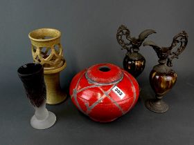 A studio pottery lamp base, a pair of pottery and metal jugs and a carved glass vase. Lamp base