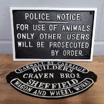 Two painted cast iron signs, largest 18 x 28cm.