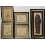 John Moll (American): Four framed prints of sailing boats with a large framed Egyptian papyrus