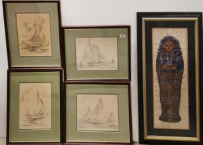 John Moll (American): Four framed prints of sailing boats with a large framed Egyptian papyrus
