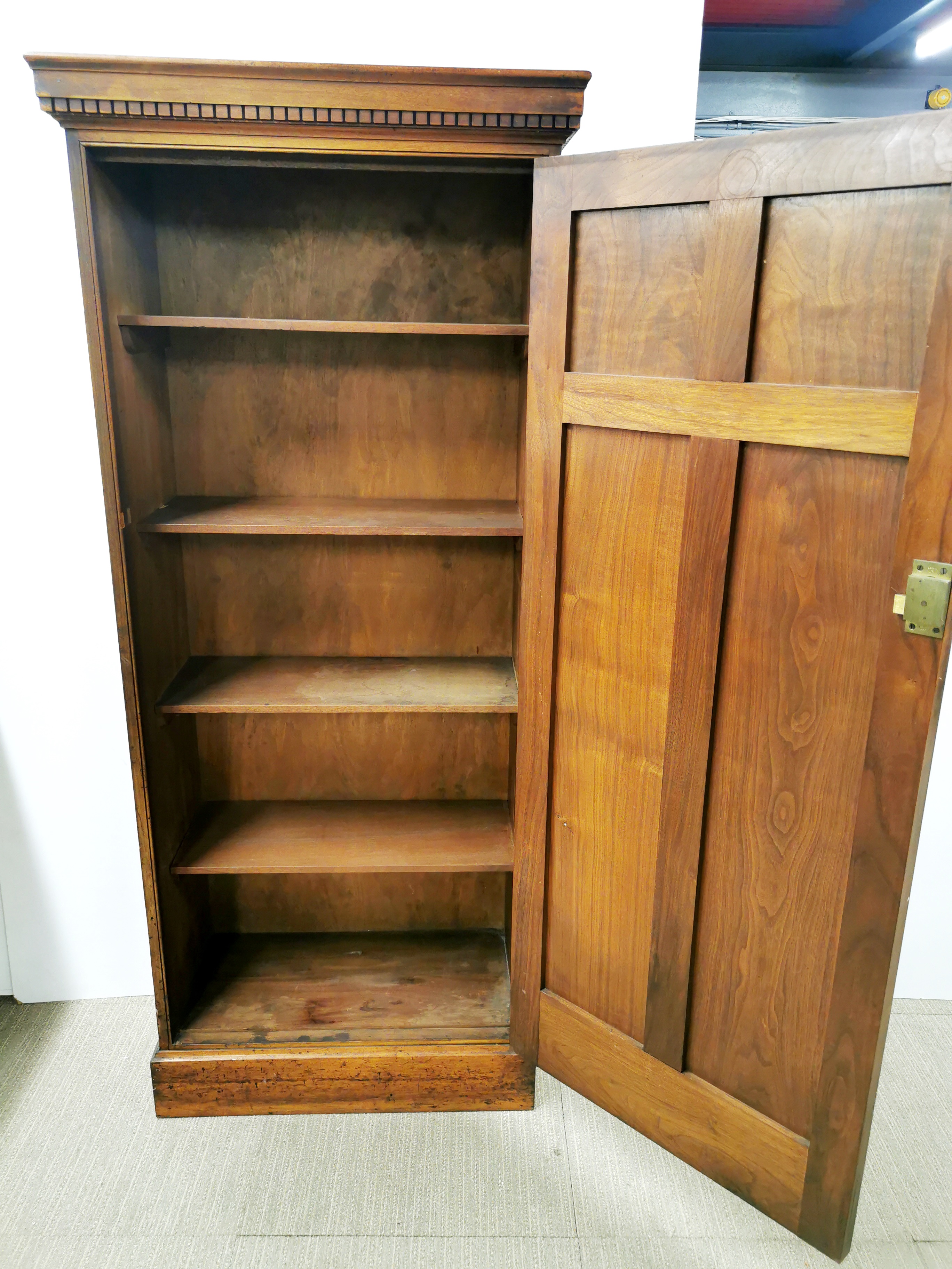 A five shelf walnut kitchen cupboard with carved geometrical border, 158 x 67 x 33cm. - Image 4 of 4