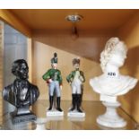 Two classical busts and two porcelain soldiers, tallest 28cm.