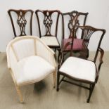 Four mixed dining chairs and a further cream upholstered tub chair.