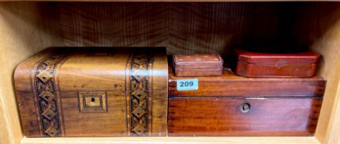 A 19th C. Tunbridge inlaid work box, W. 28cm. Together with three further boxes.