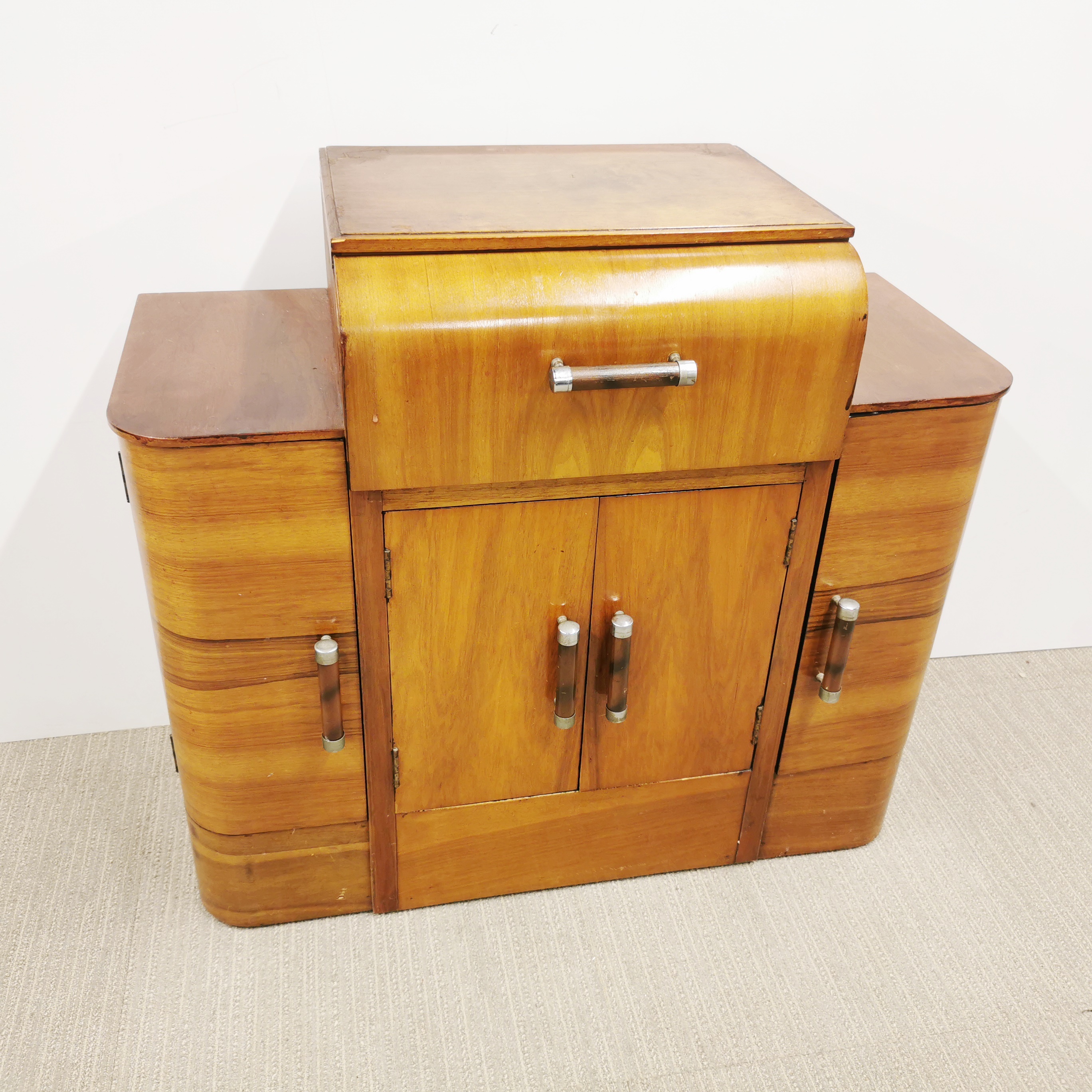 An Art Deco beechwood veneered cabinet with drop down front, 90 x 78 x 38cm. Together with an Art - Image 9 of 9