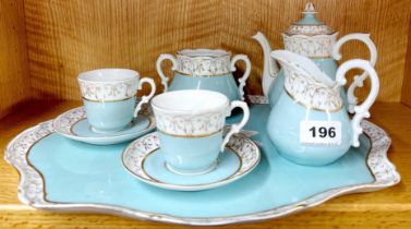 A 19th C. porcelain coffee set and tray, A/F to one cup and lid missing from sugar bowl.